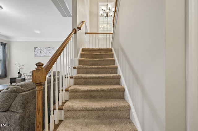 1204 Chapanoke Rd, Raleigh, NC 27603 - stairs with a chandelier and ornamental molding