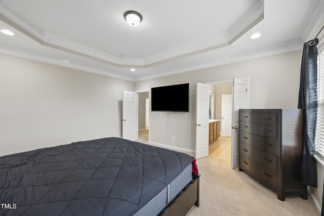 1204 Chapanoke Rd, Raleigh, NC 27603 - bedroom with a tray ceiling, recessed lighting, crown molding, and light carpet