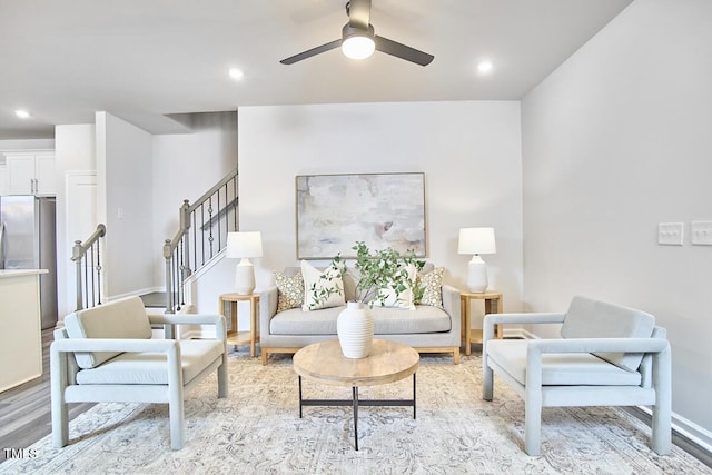 1004 Citadel Ave, Durham, NC 27713 - living room with a ceiling fan, light wood finished floors, recessed lighting, and stairway
