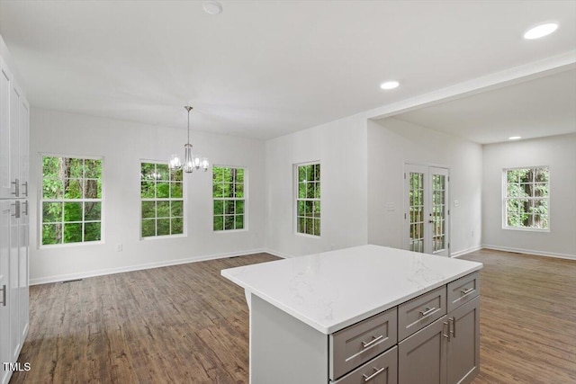 1408 S St, Durham, NC 27707 - kitchen featuring gray cabinets, open floor plan, wood finished floors, healthy amount of natural light, and recessed lighting