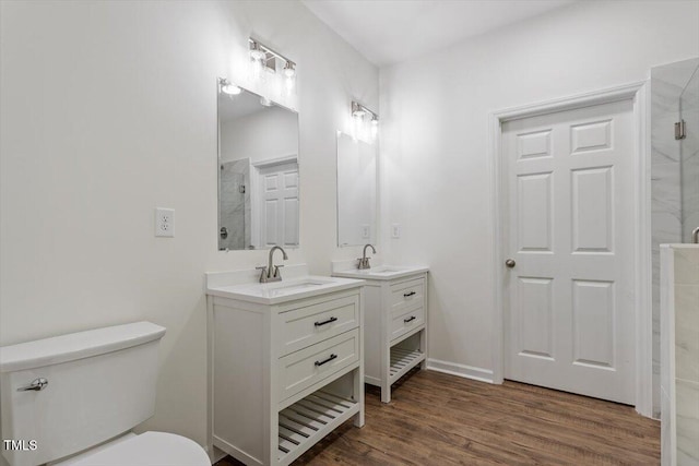 1408 S St, Durham, NC 27707 - full bathroom with vanity, a marble finish shower, and wood finished floors