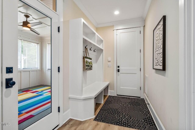 309 N Mason St, Apex, NC 27502 - mudroom with a ceiling fan, light wood finished floors, and recessed lighting