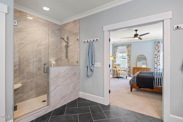 309 N Mason St, Apex, NC 27502 - ensuite bathroom featuring ornamental molding, a shower stall, a ceiling fan, tile patterned floors, and recessed lighting