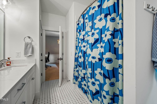 309 N Mason St, Apex, NC 27502 - bathroom featuring vanity, tile patterned floors, and a shower with curtain