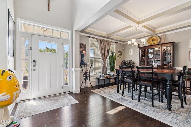 90 E Calvert Ct, Clayton, NC 27527 - foyer featuring dark wood-style flooring, a chandelier, beamed ceiling, coffered ceiling, and crown molding