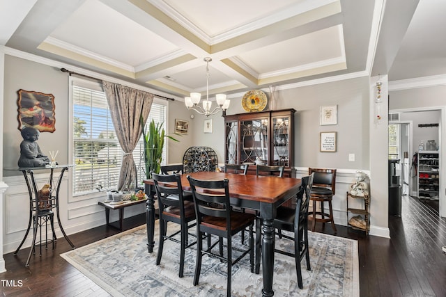 90 E Calvert Ct, Clayton, NC 27527 - dining room featuring crown molding, a chandelier, wine cooler, hardwood / wood-style flooring, and beam ceiling