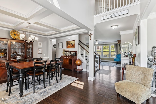 90 E Calvert Ct, Clayton, NC 27527 - dining room with stairs, a chandelier, crown molding, wood finished floors, and beam ceiling