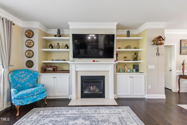 90 E Calvert Ct, Clayton, NC 27527 - living area with dark wood-style floors, crown molding, and a fireplace with flush hearth