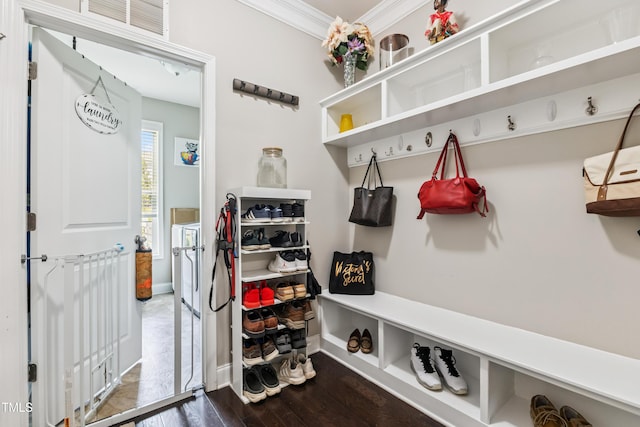 90 E Calvert Ct, Clayton, NC 27527 - mudroom featuring crown molding and wood finished floors