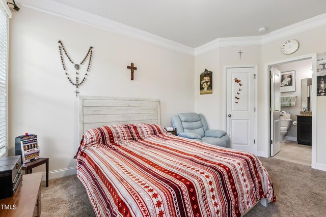 90 E Calvert Ct, Clayton, NC 27527 - bedroom featuring carpet flooring, ornamental molding, and ensuite bathroom
