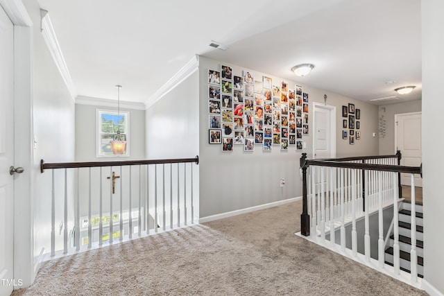 90 E Calvert Ct, Clayton, NC 27527 - hallway featuring ornamental molding, an upstairs landing, and carpet flooring