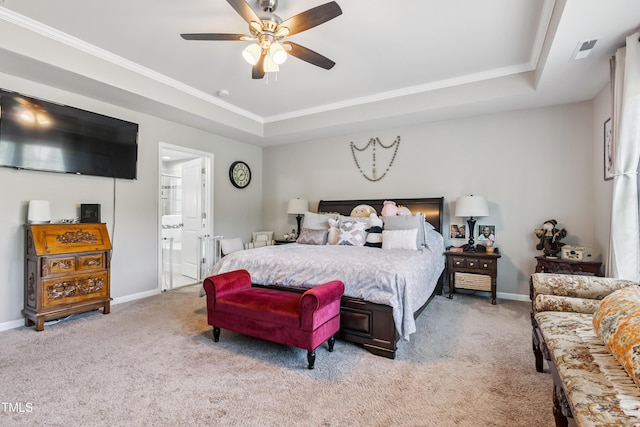 90 E Calvert Ct, Clayton, NC 27527 - bedroom featuring light carpet, a raised ceiling, ornamental molding, a ceiling fan, and ensuite bath