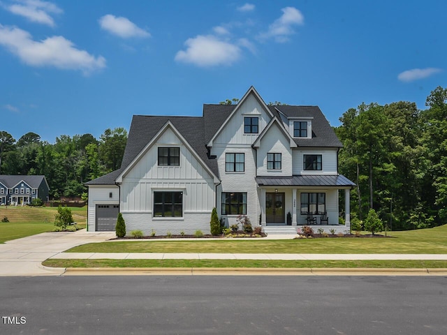 3666 Jordan Estates Way, New Hill, NC 27562 - modern farmhouse with board and batten siding, driveway, a porch, and a front lawn