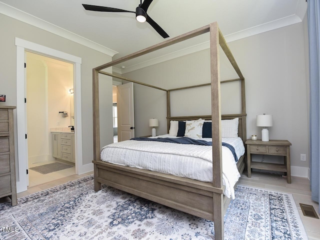 3666 Jordan Estates Way, New Hill, NC 27562 - bedroom featuring crown molding, connected bathroom, and a ceiling fan
