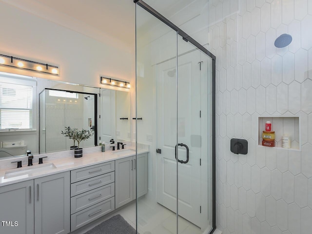 3666 Jordan Estates Way, New Hill, NC 27562 - bathroom featuring a stall shower, double vanity, and tile patterned flooring