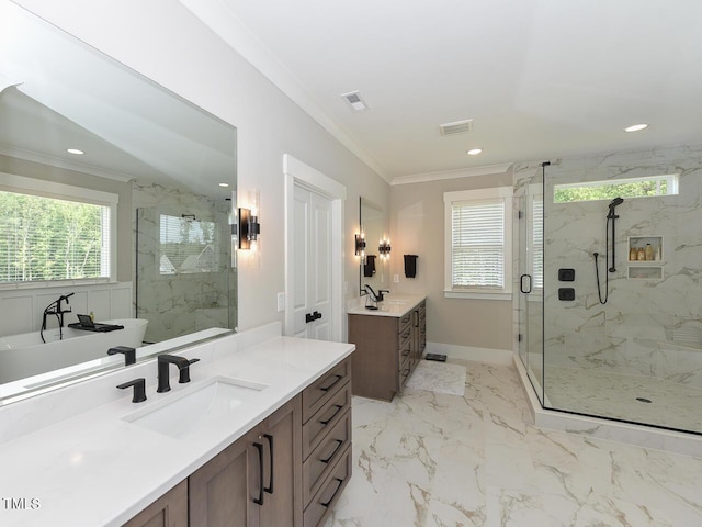 3666 Jordan Estates Way, New Hill, NC 27562 - full bath with a marble finish shower, ornamental molding, two vanities, recessed lighting, and marble finish flooring