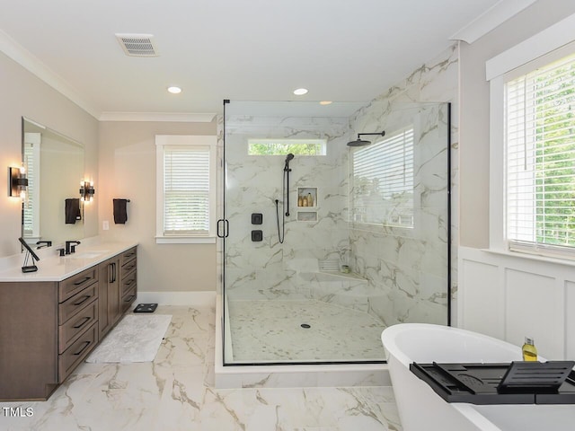 3666 Jordan Estates Way, New Hill, NC 27562 - full bathroom with a marble finish shower, a freestanding tub, crown molding, vanity, and marble finish floors