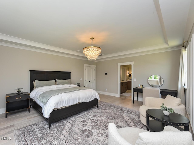 3666 Jordan Estates Way, New Hill, NC 27562 - bedroom with a raised ceiling, a chandelier, light wood finished floors, and ornamental molding