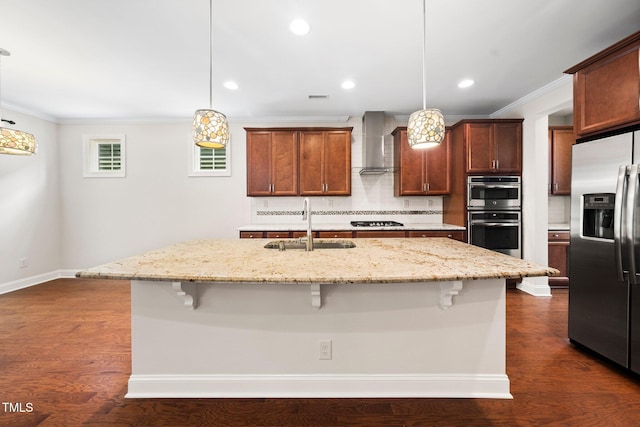 316 Rapport Dr, Cary, NC 27519 - kitchen with stainless steel appliances, wall chimney range hood, crown molding, a breakfast bar, and tasteful backsplash