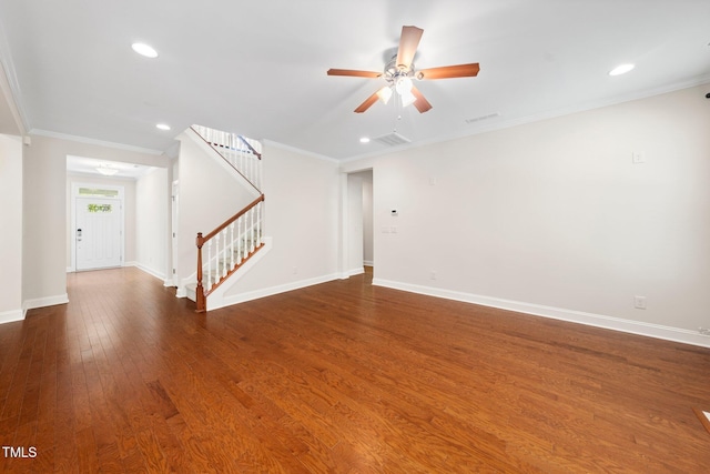 316 Rapport Dr, Cary, NC 27519 - unfurnished living room featuring stairs, a ceiling fan, wood finished floors, ornamental molding, and recessed lighting