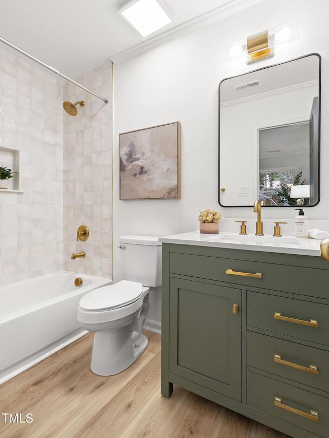 110 Mossbark Ln, Chapel Hill, NC 27514 - full bathroom with vanity, tub / shower combination, ornamental molding, and wood finished floors