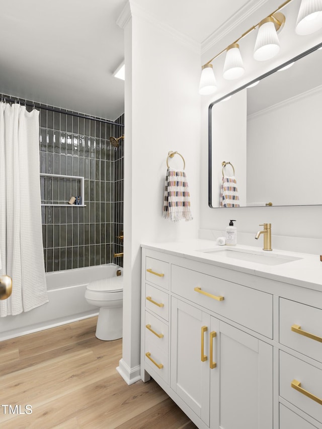 110 Mossbark Ln, Chapel Hill, NC 27514 - full bath featuring vanity, ornamental molding, shower / tub combo with curtain, and wood finished floors