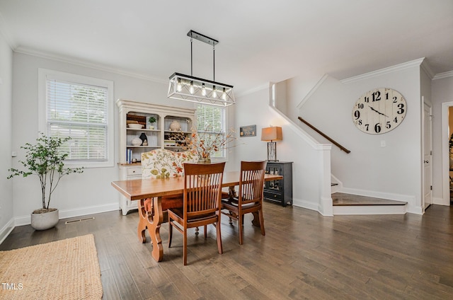 3082 Cascade Dr, Burlington, NC 27217 - dining area featuring stairway, dark wood finished floors, and ornamental molding