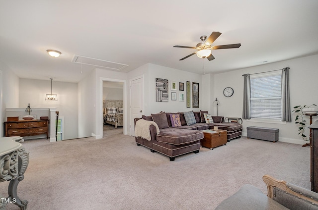 3082 Cascade Dr, Burlington, NC 27217 - carpeted living room featuring attic access and a ceiling fan
