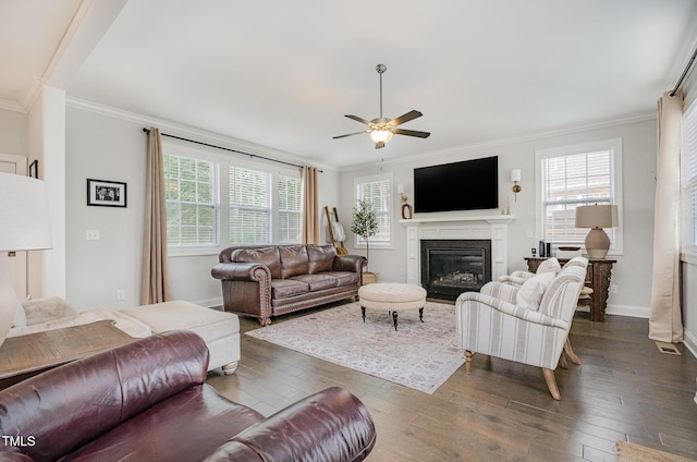 3082 Cascade Dr, Burlington, NC 27217 - living area with ornamental molding, dark wood-style floors, ceiling fan, and a glass covered fireplace