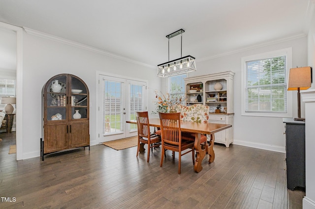 3082 Cascade Dr, Burlington, NC 27217 - dining room featuring ornamental molding, a chandelier, dark wood-style flooring, and french doors