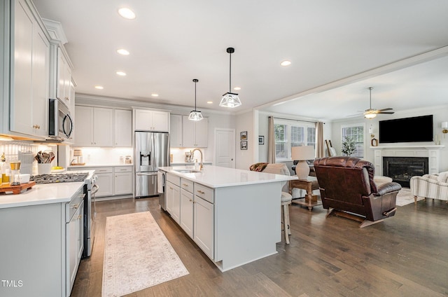3082 Cascade Dr, Burlington, NC 27217 - kitchen featuring stainless steel appliances, light countertops, open floor plan, dark wood finished floors, and a glass covered fireplace