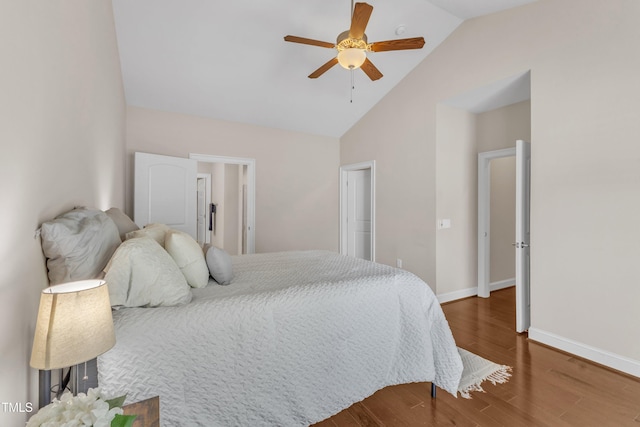 936 Blue Bird Ln, Wake Forest, NC 27587 - bedroom with wood finished floors, high vaulted ceiling, and a ceiling fan