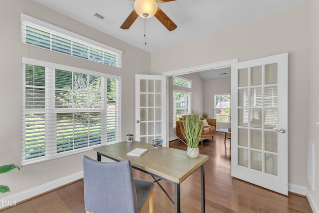 936 Blue Bird Ln, Wake Forest, NC 27587 - office space featuring ceiling fan, wood finished floors, and french doors