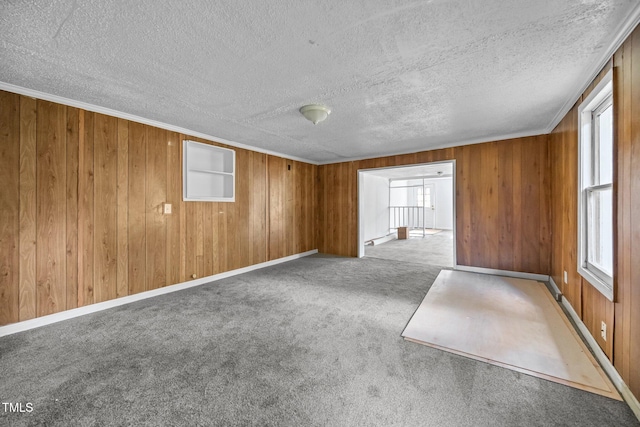 302 Allen Ave, Franklinton, NC 27525 - spare room featuring carpet flooring, wood walls, a textured ceiling, and crown molding