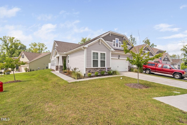 1066 Bingley Dr, Durham, NC 27703 - craftsman-style house with stone siding, driveway, a front lawn, and roof with shingles