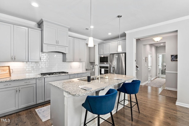 1066 Bingley Dr, Durham, NC 27703 - kitchen featuring stainless steel appliances, ornamental molding, tasteful backsplash, dark wood-style flooring, and recessed lighting