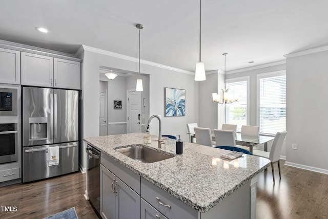 1066 Bingley Dr, Durham, NC 27703 - kitchen with appliances with stainless steel finishes, crown molding, gray cabinetry, dark wood-type flooring, and a chandelier