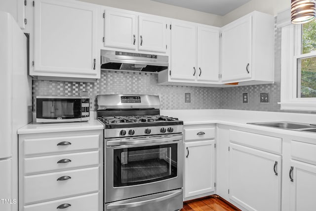 7 Nadeau Ct, Durham, NC 27704 - kitchen with stainless steel appliances, under cabinet range hood, light countertops, and white cabinetry