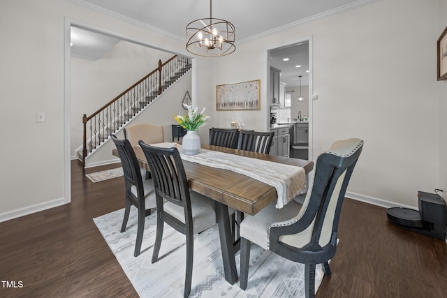 1304 Bromby Ave, Knightdale, NC 27545 - dining space featuring a chandelier, stairs, crown molding, and dark wood-type flooring