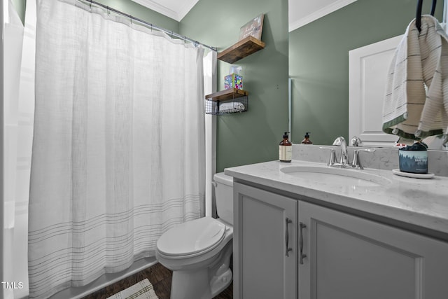 1304 Bromby Ave, Knightdale, NC 27545 - bathroom featuring ornamental molding, vanity, wood finished floors, and curtained shower