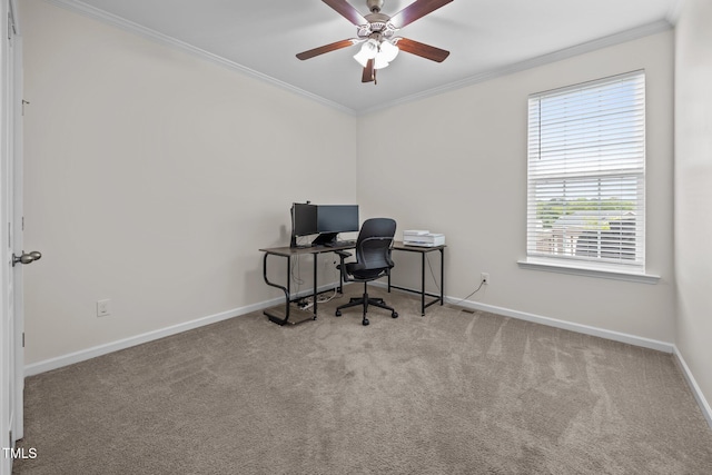 1304 Bromby Ave, Knightdale, NC 27545 - home office with crown molding, a ceiling fan, and carpet flooring