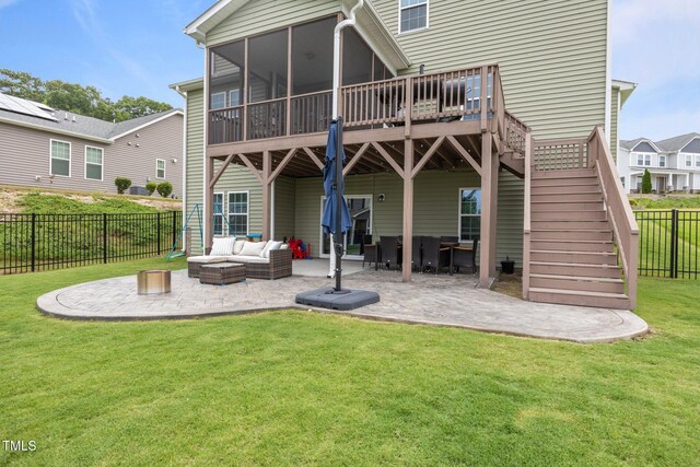 1304 Bromby Ave, Knightdale, NC 27545 - back of house with outdoor lounge area, a patio, a fenced backyard, a deck, and stairs