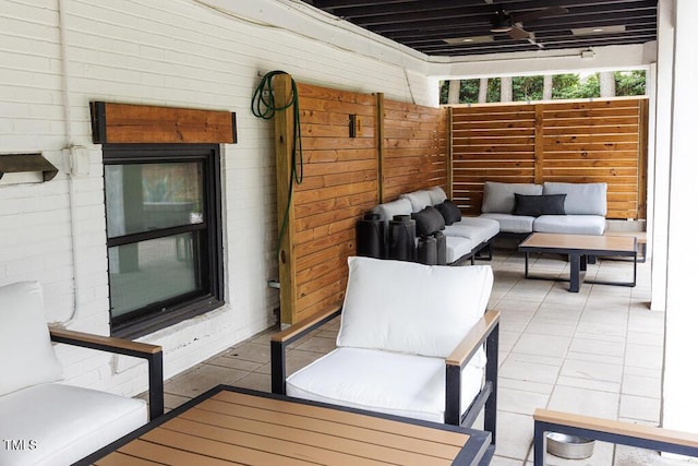 1523 Ivy Ln, Raleigh, NC 27609 - wooden terrace with an outdoor living space, ceiling fan, and a patio
