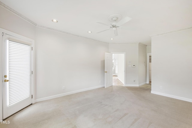 2944 Ballybunion Way, Raleigh, NC 27613 - spare room with ceiling fan, ornamental molding, light colored carpet, and recessed lighting