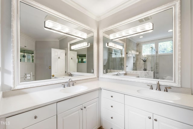 2944 Ballybunion Way, Raleigh, NC 27613 - full bathroom with double vanity, tiled shower, and crown molding