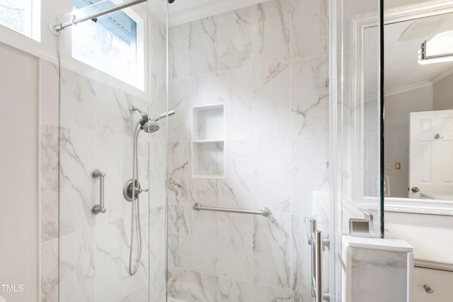2944 Ballybunion Way, Raleigh, NC 27613 - full bath featuring a marble finish shower, healthy amount of natural light, and ornamental molding