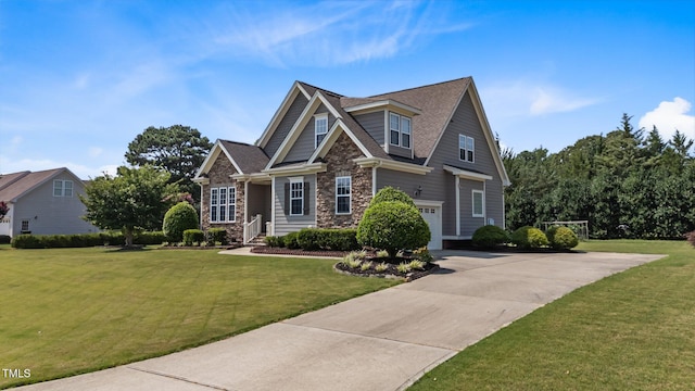 1012 Tavernier Knoll Ln, Raleigh, NC 27603 - craftsman-style home with stone siding, driveway, a front lawn, an attached garage, and a shingled roof