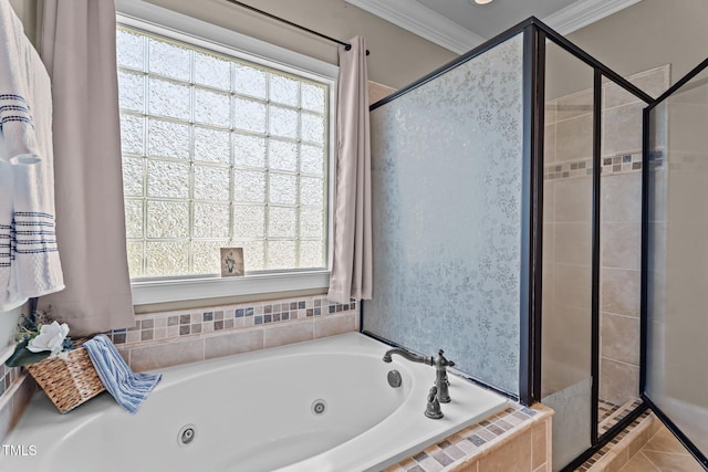 1012 Tavernier Knoll Ln, Raleigh, NC 27603 - full bathroom with a shower stall, plenty of natural light, a whirlpool tub, crown molding, and tile patterned flooring