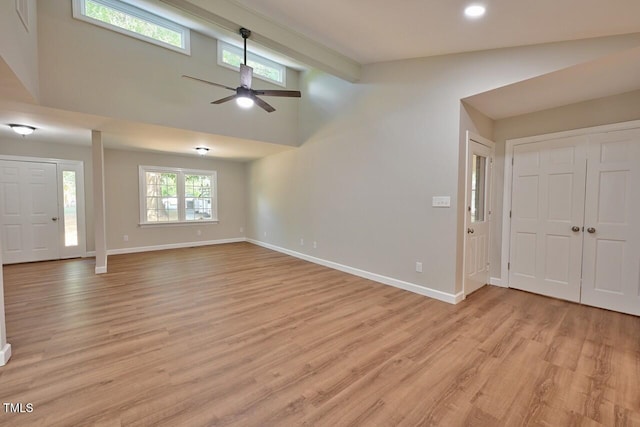 369 Historic Village Dr, Roxboro, NC 27574 - unfurnished living room with ceiling fan, light wood-style flooring, high vaulted ceiling, and recessed lighting