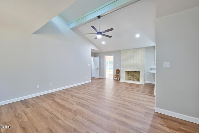 369 Historic Village Dr, Roxboro, NC 27574 - unfurnished living room with ceiling fan, light wood-type flooring, a brick fireplace, and recessed lighting